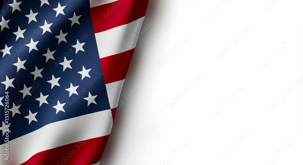 Obraz premium A partially visible american flag with stars and stripes on a white background with copy space