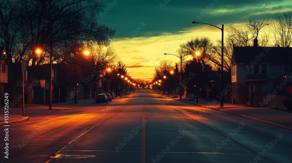 Fototapeta premium Streetlights glowing on an empty city road at dawn, with the first hints of sunlight in the sky and a serene, quiet morning atmosphere.