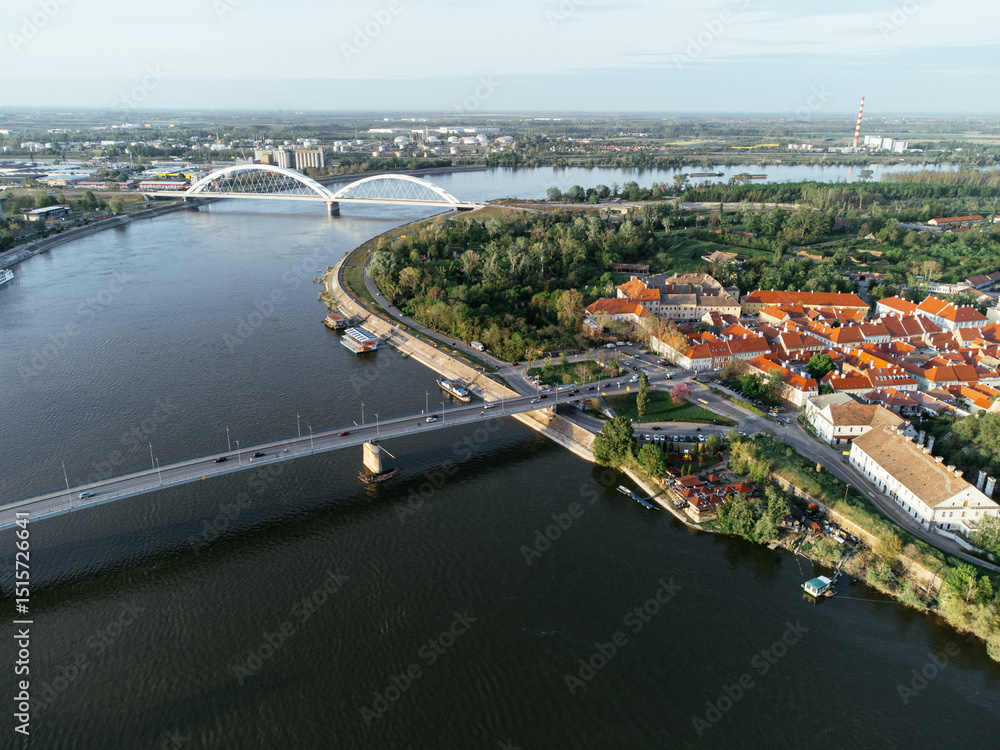 Fototapeta premium Drone areal shot of Petrovaradin fortress located on the Danube River bank across from Novi Sad. Serbia.