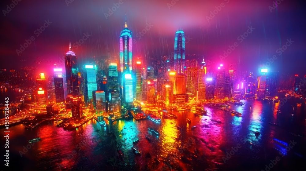 Fototapeta premium Vibrant cityscape at night, illuminated by neon lights and lasers. Hong Kong's dazzling skyline reflecting on the water