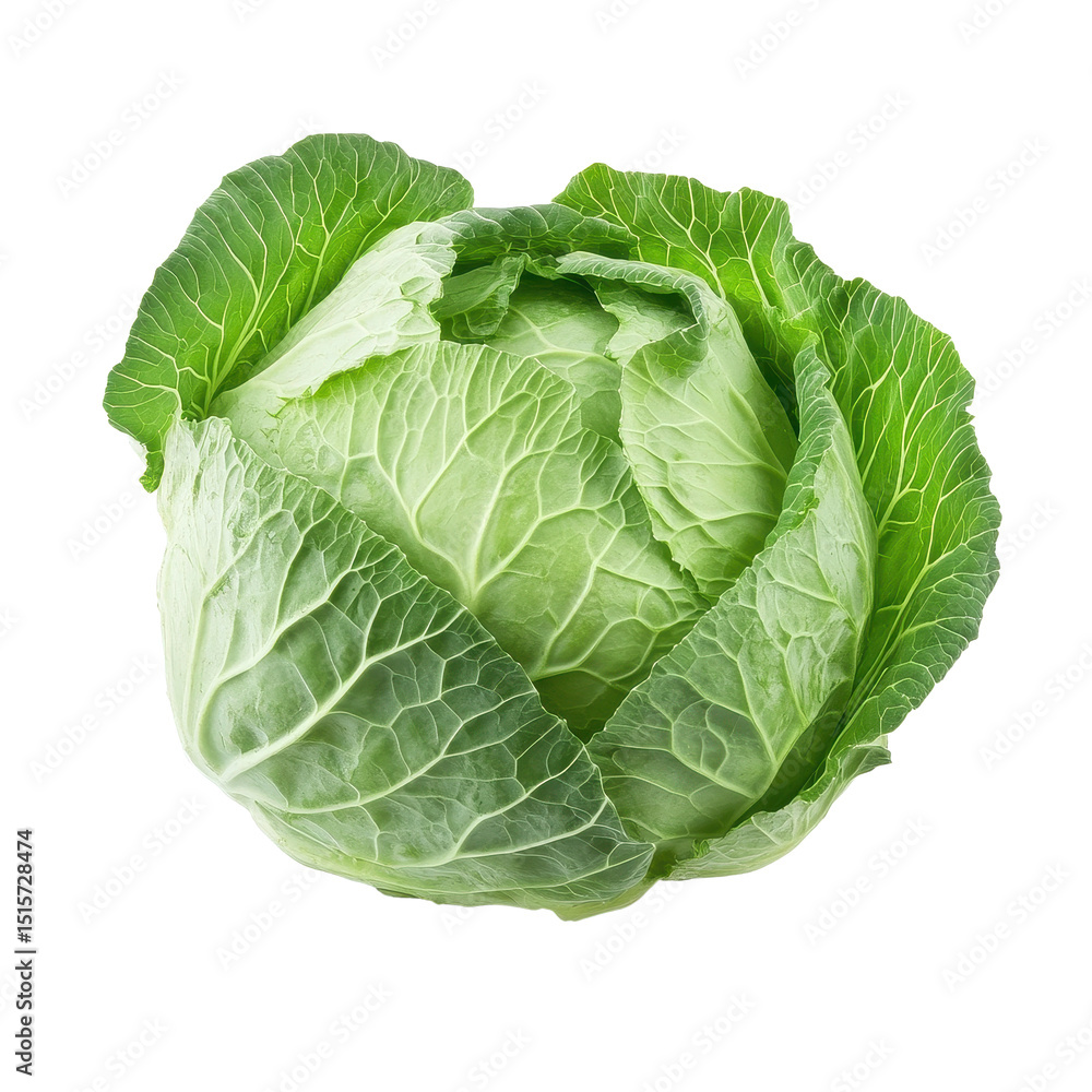 Fototapeta premium Fresh green cabbage with vibrant leaves isolated on a clean white background for culinary presentations, fresh cabbage isolated on white background