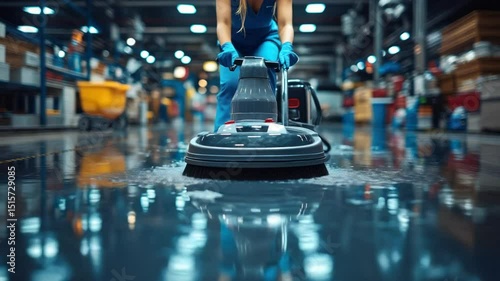 Industrial floor cleaning. A woman in blue scrubs a factory floor with a motorized floor scrubber