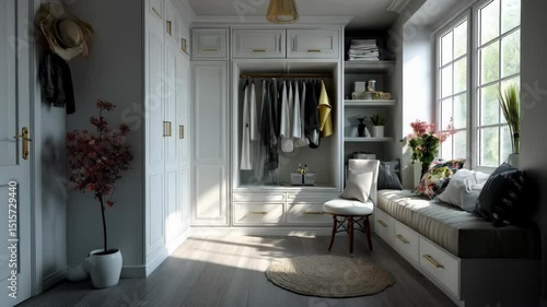 Bright, airy closet interior with built-in wardrobe, window seat, decorations, and stylish furnishings in neutral tones.
