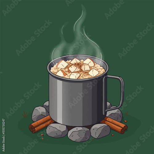 Steaming Porridge with Apples and Cinnamon Sticks Outdoor Breakfast