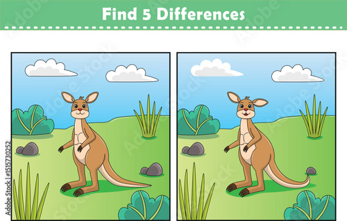 Funny cartoon kangaroo. Find 5 differences. Kids Education games. Cartoon vector illustration