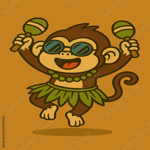 A cartoon monkey dances excitedly with maracas in both hands, wearing a grass skirt and a tropical necklace, exuding a playful and festive vibe against a simple solid background.