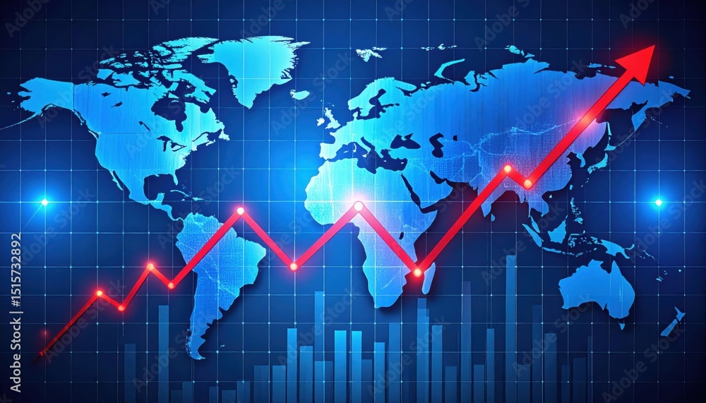 Fototapeta premium A world map with a rising red graph arrow, symbolizing global economic or financial growth.