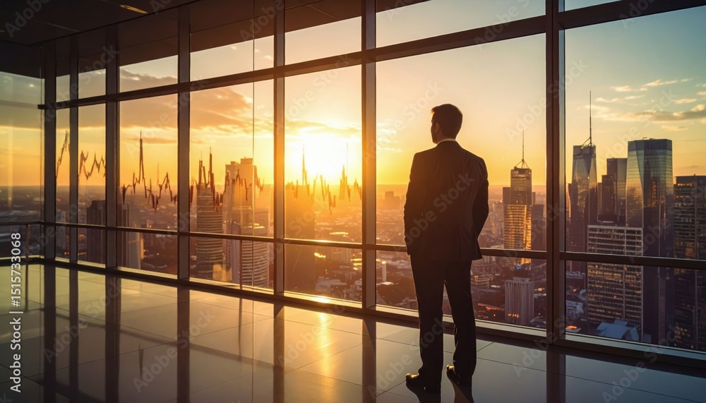 Fototapeta premium A businessman overlooks a city skyline at sunset from a modern office with financial graphs on the windows.