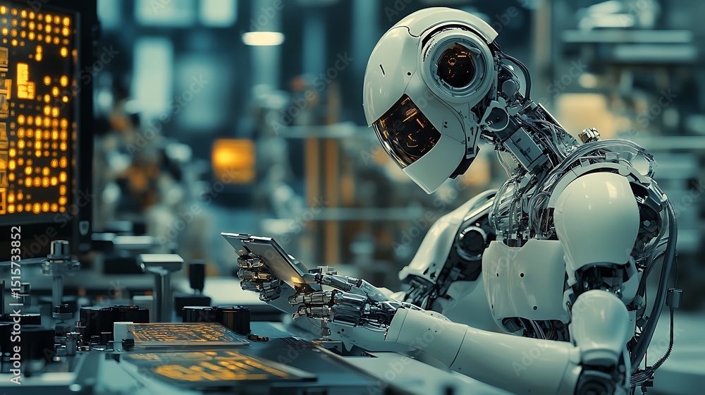 Robot Using Tablet in Factory Analyzing Data Robot Using Tablet in Factory Analyzing Data