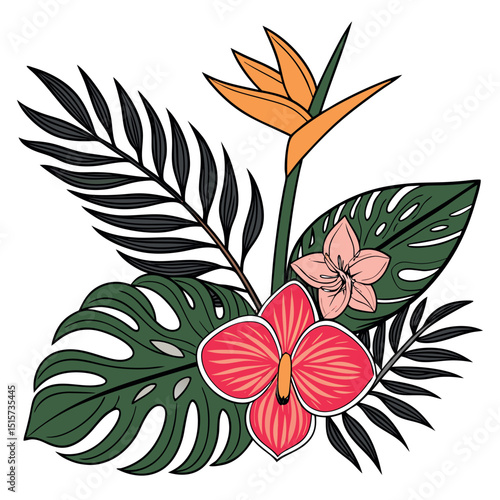 Tropical Plants and Flowers Arrangement Illustration Vector