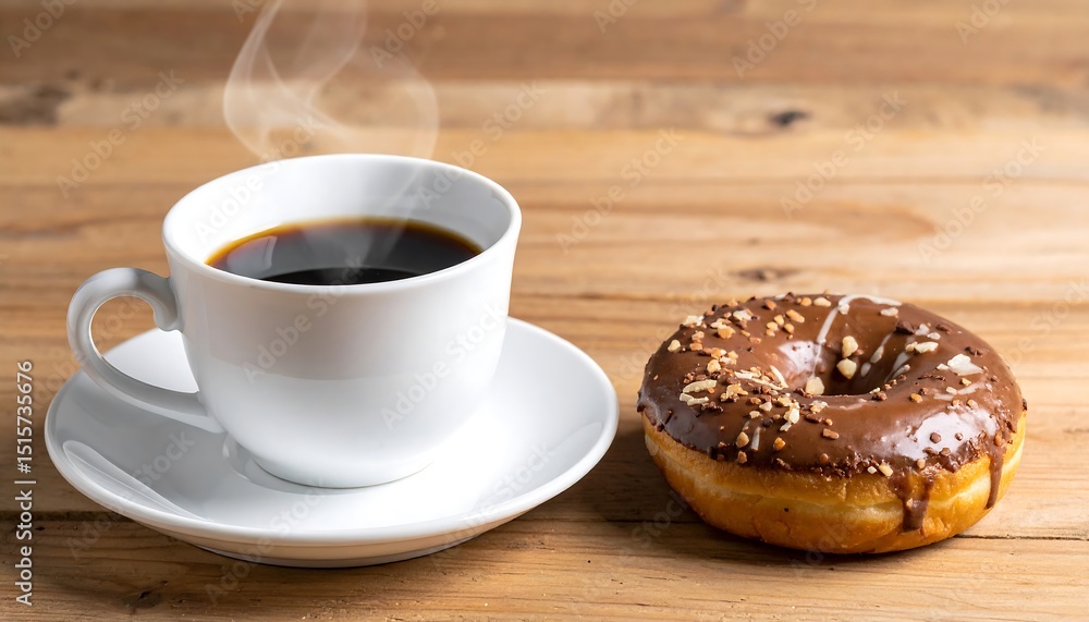 Coffee and chocolate donut on a wooden table. Steam rising Coffee and chocolate donut on a wooden table. Steam rising