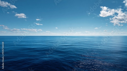 A vast expanse of blue ocean, a clear sky with few clouds in the distance, high-definition photography, flat perspective, minimalist style, wide-angle lens, soft light illumination, tranquil and peace