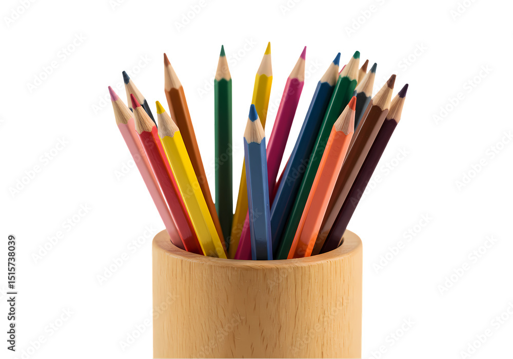 Fototapeta premium A Colorful Collection Colored Pencils in a Wooden Holder isolated on transparent baackground