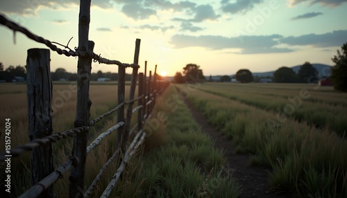 Serene Sunset over Rural Farmland Rustic Fence  Golden Hour Landscape Photography
