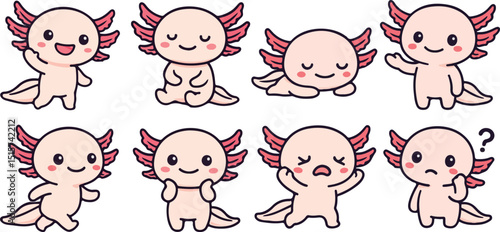 vector illustration of axolotl salamander funny cartoon mascot cute character cartoon with 8 poses