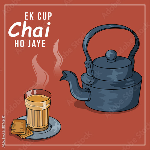 Tea Time Retro Illustration with Chai, Biscuits & Kettle - Ek Cup Chai Ho Jaye Typography Text South Asian
