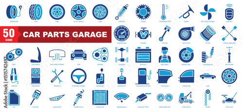 Car parts garage blue set icon