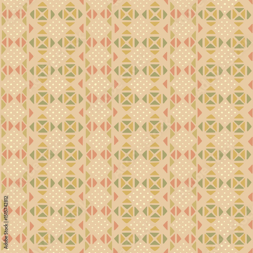 hand drawn triangles and dots. warm colors. repetitive background. vector seamless pattern. traditional ethnic motifs. folk decorative art. fabric swatch. wrapping paper. textile design template