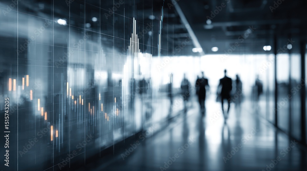 Blurred figures walk in a large hall with glass walls and shiny floor. Blurred figures walk in a large hall with glass walls and shiny floor.