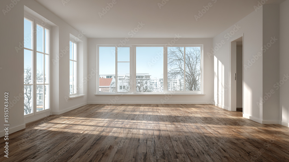 Obraz premium Modern living room with wooden floors and neutral walls, showcasing minimalist design and open space.