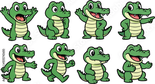 vector illustration of crocodille alligator reptile funny cartoon mascot cute character cartoon with 8 poses 03