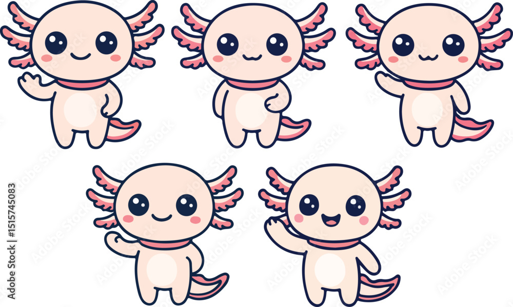 Fototapeta premium vector illustration of axolotl salamander funny cartoon mascot cute character cartoon with 5 poses