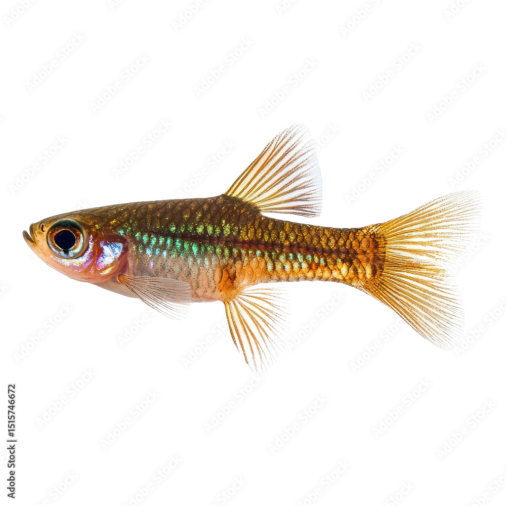 Fototapeta premium Female guppy isolated on white background showcasing vibrant colors and detailed fins, Female guppyisolated on white background