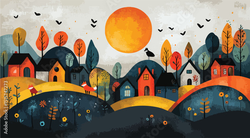 A charming landscape illustration depicts quaint houses nestled on rolling golden hills dotted with stylized trees and wildflowers while a curious fox stands watch under a flock of birds soaring above