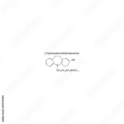 2-Hydroxydesmethylimipramine skeletal structure. Hydroxylated desmethyl metabolite compound schematic illustration. Simple diagram, chemical formula.