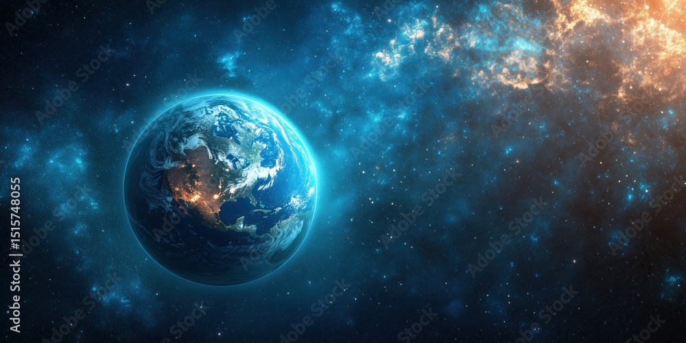 An artistic visualization of Earth from space glowing against the backdrop of a deep starry cosmos, highlighting illuminated continents and radiating energy, wonder, and cosmic connection. An artistic visualization of Earth from space glowing against the backdrop of a deep starry cosmos, highlighting illuminated continents and radiating energy, wonder, and cosmic connection.