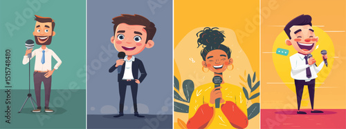 Four cheerful vector portraits show diverse presenters holding microphones, each rendered in a clean flat style with vibrant background blocks of teal, gray, mustard, and orange