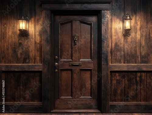 Intricate dark wooden door entrance with classic lantern lighting design