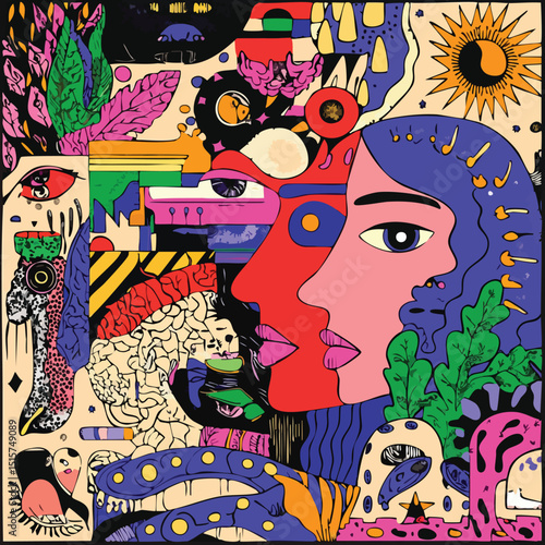 Two profile silhouettes, one in rosy pink and the other in deep green, face each other on a soft cream canvas adorned with stylized leaves, circular forms, and fragmented graphic details.