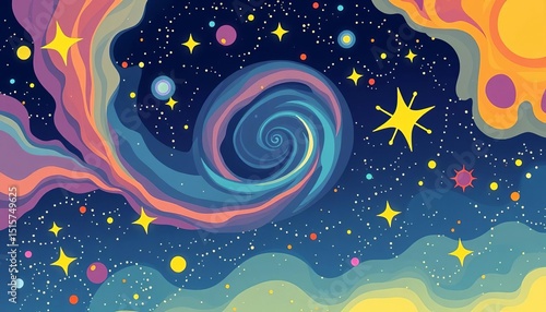 Vibrant cartoon cosmos; swirling nebulas, glittering stars, galaxies in playful vector style, cartoon, background