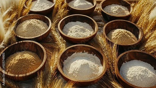 Various types of flour in wooden bowls, surrounded by wheat stalks
