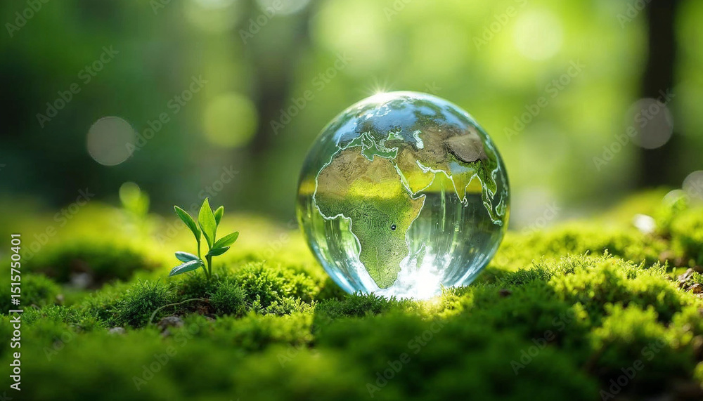 Crystal globe glass on green moss in forest to protect nature Save and care World for sustainable. concept of the environment ecology and Earth Day. eco environment and ESG concept. Crystal globe glass on green moss in forest to protect nature Save and care World for sustainable. concept of the environment ecology and Earth Day. eco environment and ESG concept.