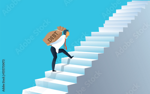 Crisis of high burden of consumer debt, : Client bears a bag of debt. Debtor has difficult problem of bad debt and plan to pay back to lender or creditor.financial concept. vector, illustration