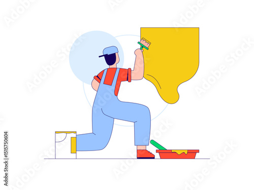 Man painting the wall with brush. Craft illustration. Character design. Flat vector illustration.