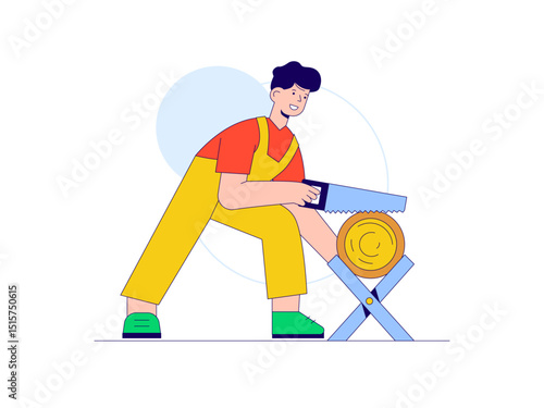 Craftsman sawing wood. Craft illustration. Character design. Flat vector illustration.