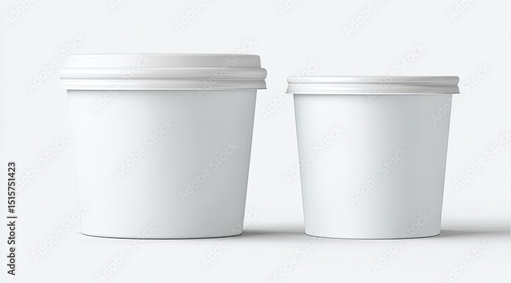 Two blank white cylindrical containers with lids, varying in size, sit on a light gray background Two blank white cylindrical containers with lids, varying in size, sit on a light gray background