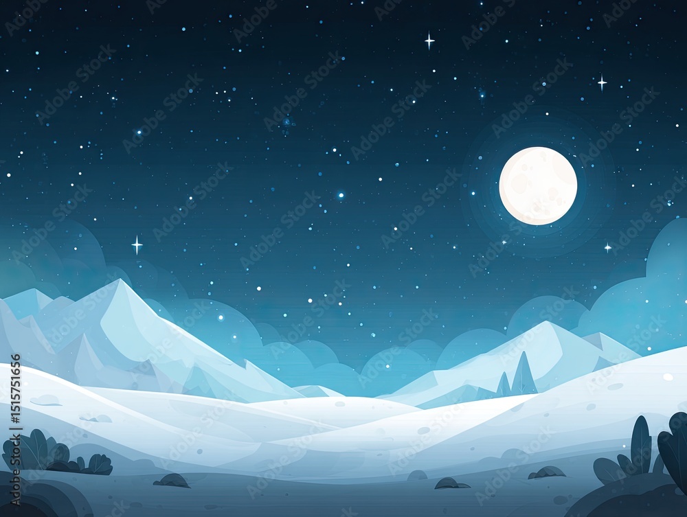 Serene nightscape featuring a full moon illuminating snow-covered mountains and a flat, desert-like foreground under a starlit sky Serene nightscape featuring a full moon illuminating snow-covered mountains and a flat, desert-like foreground under a starlit sky