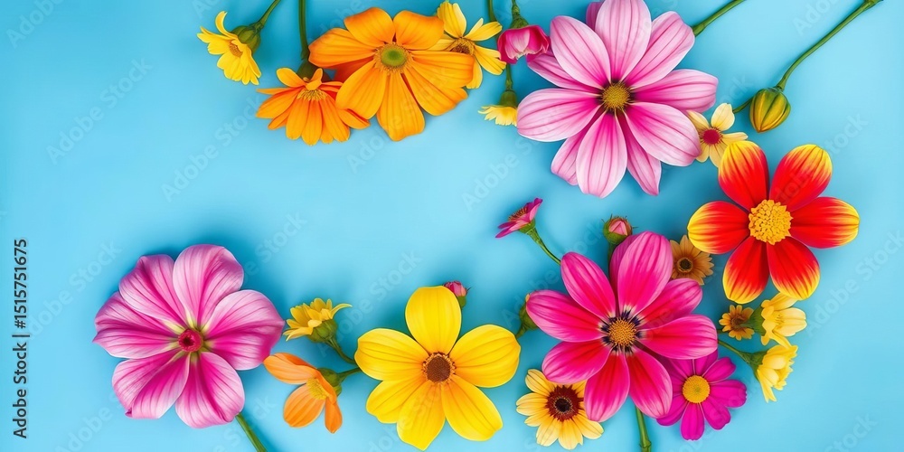 Vibrant spring blooms arranged in a pleasing pattern on a serene blue backdrop, flower arrangement, bloom Vibrant spring blooms arranged in a pleasing pattern on a serene blue backdrop, flower arrangement, bloom