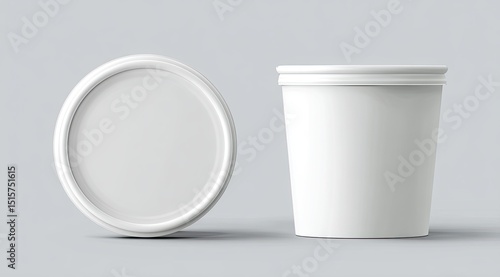 A white cylindrical container with a separate oval lid, shown against a neutral gray background.  The container appears to be made of a smooth, possibly plastic material