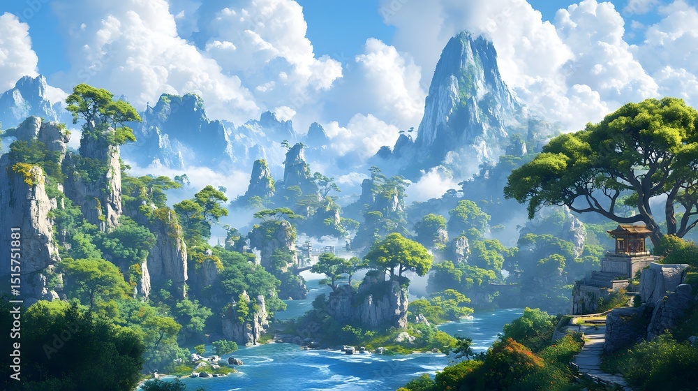 Naklejka premium A picturesque landscape of towering mountains and lush forests.