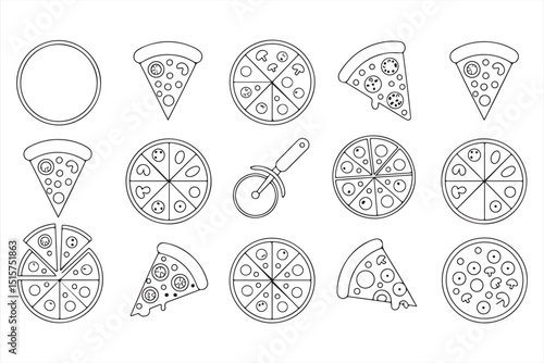 Illustration of Pizza Slices, Pizza Pie, and Pizza Cutter for Food Graphics