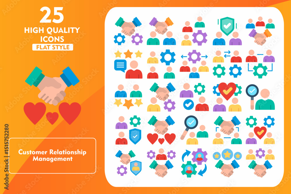 Fototapeta premium Customer relationship management Flat Icon Set. Incleded Icons Relationship, Collaboration, CRM, Respect, Insurance, Customer Loyalty, Engagement, Handshake. Vector Icons Collection