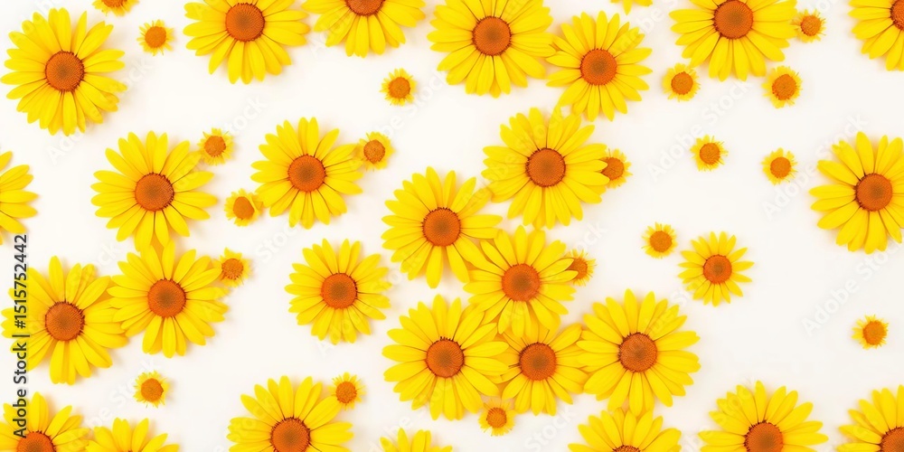 Vibrant yellow daisy repeat pattern with orange centers, scattered on white background, summer, spring Vibrant yellow daisy repeat pattern with orange centers, scattered on white background, summer, spring