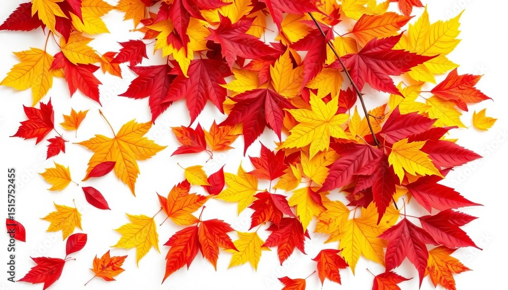 Vibrant yellow and red autumn leaves scattered on white background, nature scene, october Vibrant yellow and red autumn leaves scattered on white background, nature scene, october