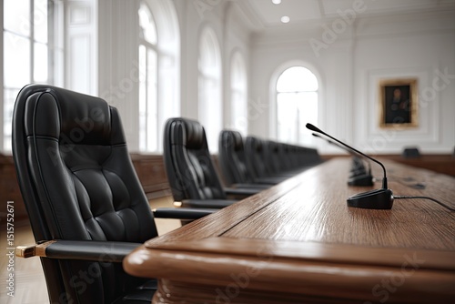 A long, polished wooden conference table with black leather chairs and microphones, situated in a grand, bright room with arched windows and classical decor