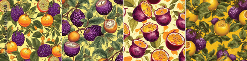 A richly detailed surface pattern combines ripe passion fruits, curling vines, and pepper-like flowers across a warm yellow field. Engraved shading and organic shapes evoke hand-crafted elegance.